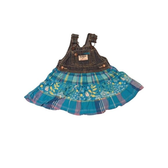 OshKosh Girl Denim Vestbak Overall Dress Blue Floral & Plaid Tiered Skirt 9M - Picture 1 of 8